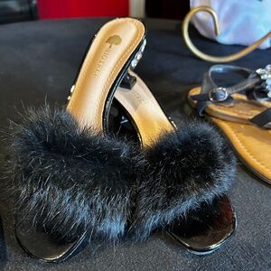 Fox fur with diamond heels. Mules shoes,  7.5 black